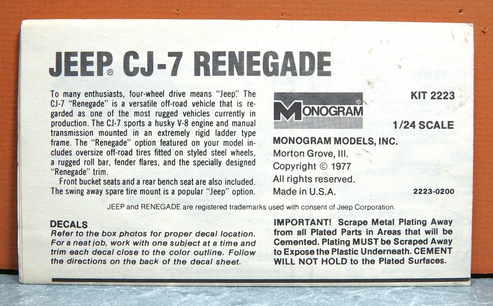 1/24 MONOGRAM JEEP CJ-7 RENEGADE # 2223 (INSTRUCTIONS ONLY)