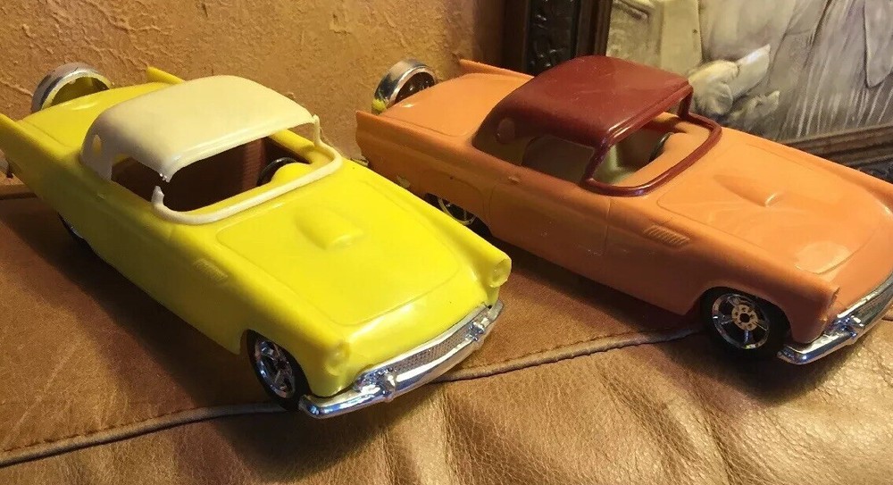 2 Simms 57 T Bird Plastic Vintage Cars Yellow Brown Wheels Roll Aurora Illinois