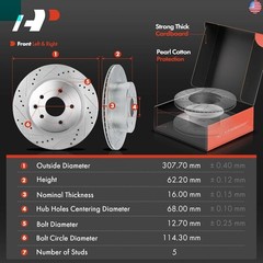 A-Premium 12.13 inch (308mm) Rear Drilled and Slotted Disc Brake Rotors +