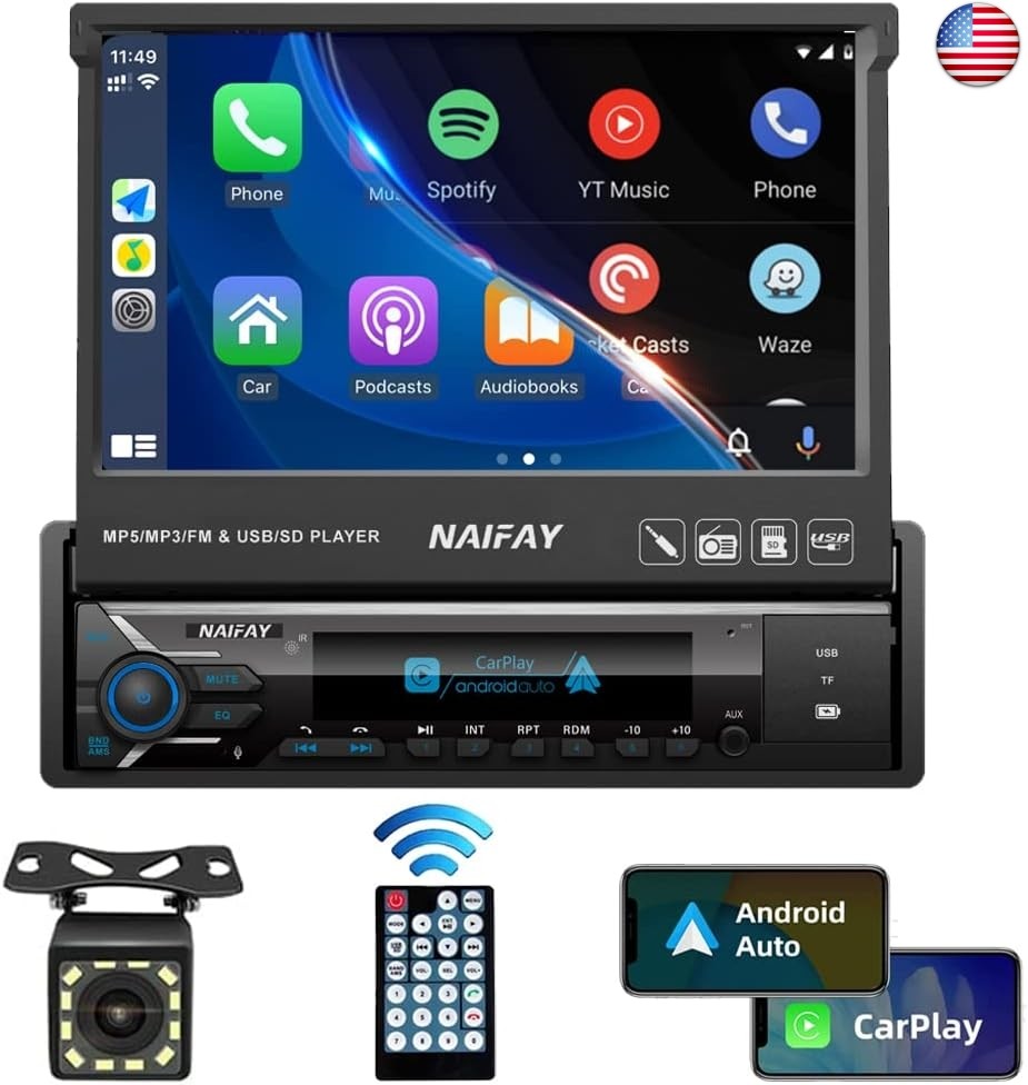 Naifay Single Din Touchscreen Car Stereo with Carplay & Android Auto, 7inch