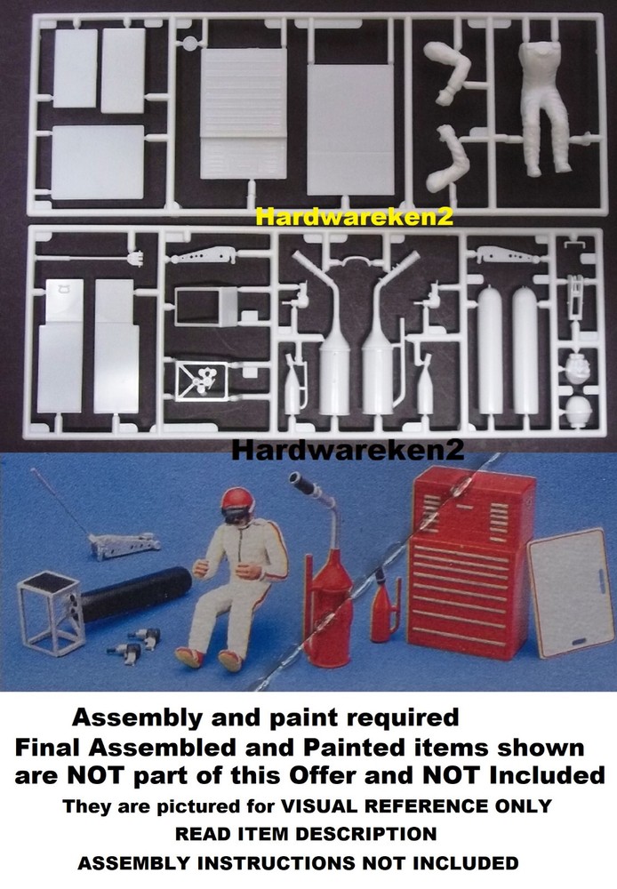 PARTS – DIORAMA TOOLS – RACING PIT CREW TOOLS and DRIVER – 1/24 SCALE