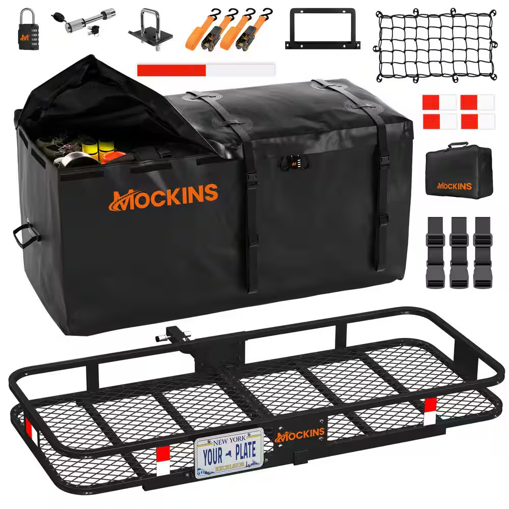 60 In. X 24 In.X 6 In. Folding Tow Hitch Mount Cargo Carrier W/ 25 Cu. Ft. Black