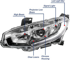 Headlight Assembly Fit for 2016-2021 Honda Civic,Halogen Headlamp W/Led DRL Chro