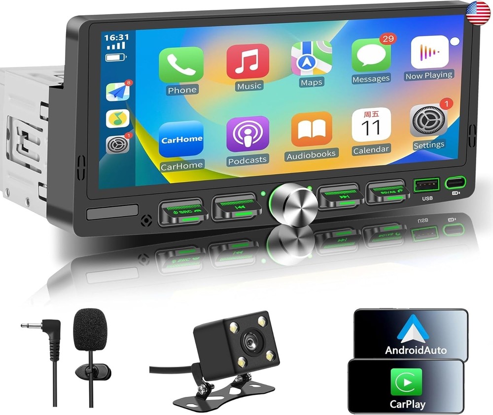 Single Din Touchscreen Radio with Wireless Apple CarPlay & Android Auto,