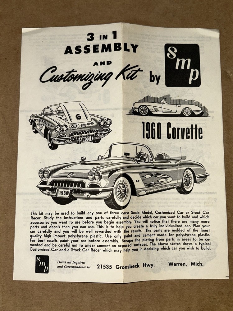 1960’s SMP 1960 Corvette 3-in-1 Customizable Model Kit Instructions Sheet