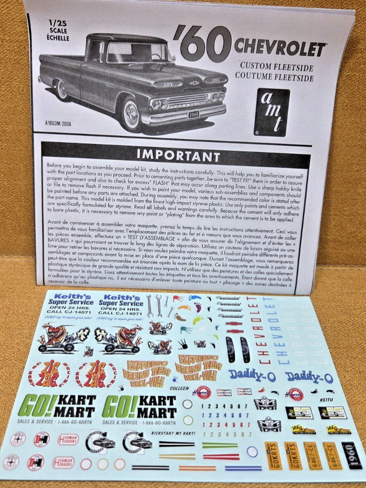 1960 Chevy Fleetside DECALS & INSTRUCTIONS 1/25 Scale AMT New Model Kit Parts