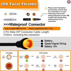 EBike Full Twist Throttle, 3 Pin EBike Throttle Grip with Waterproof Joint,