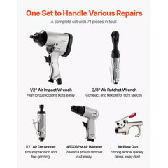 71-Piece Pro Air Tool Kit, 1/2 In. Air Impact Wrench, 3/8 In. Ratchet, 1/2 In. D