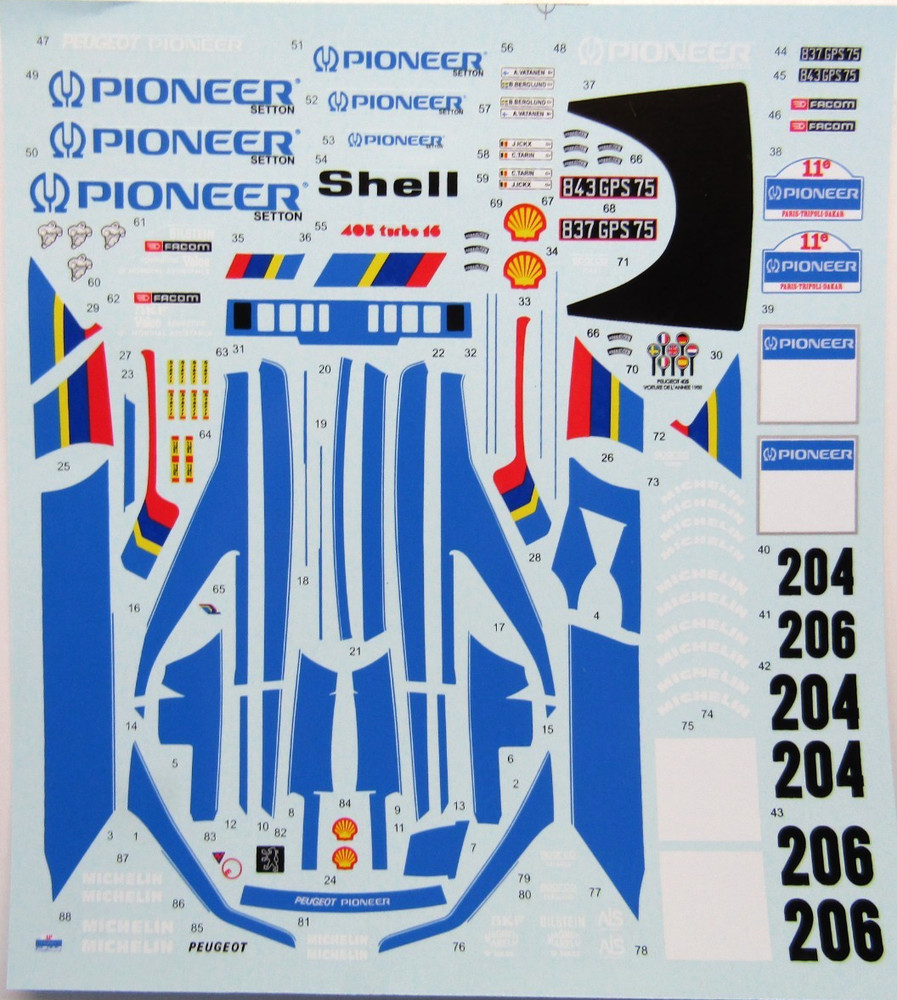 Decalpool 1/24 Scale Pioneer Peugeot 405T P-D 1989 Decalsheet DP331 for Tamiya