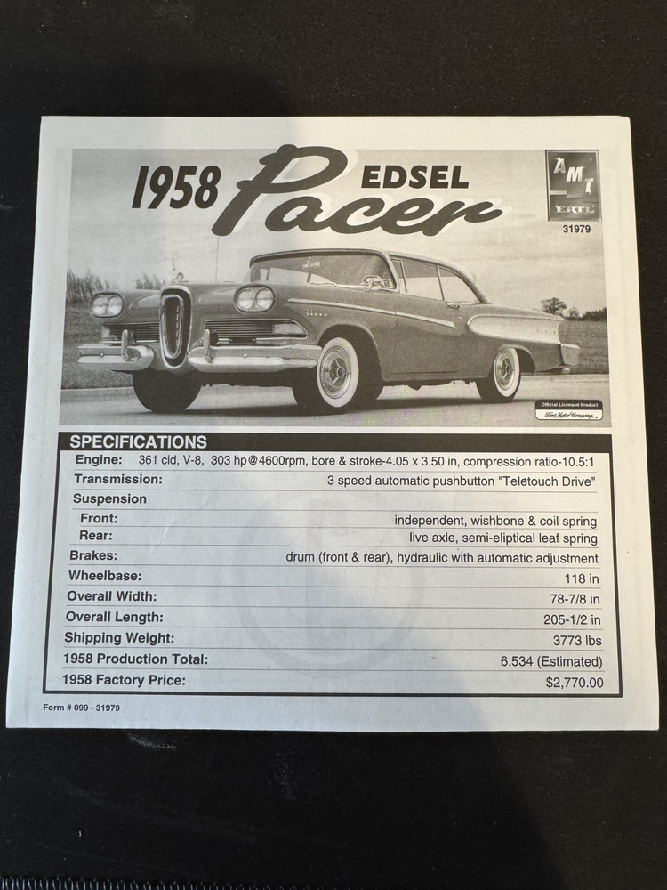AMT 31979 1/25 58 Edsel Pacer Parts Bash Instructions ONLY