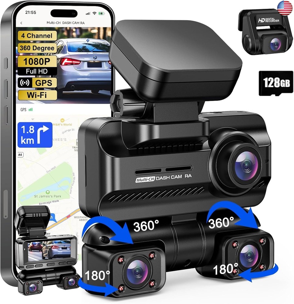 Dash Cam 4 Channel 360° Front Rear Inside DashCam, 4K Full HD Dashcam Car