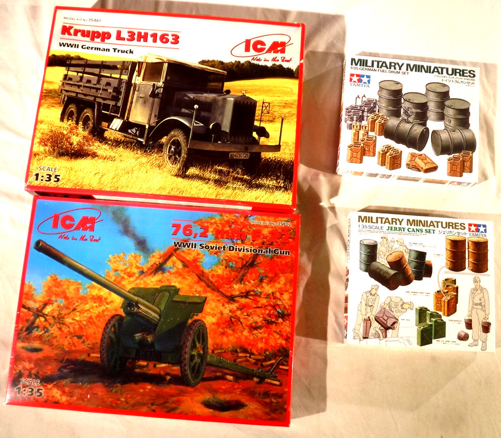 1/35 ICM German Army Truck Krupp L3H163 w/ Soviet 76.2mm F 22 & Cargo Fuel Drums
