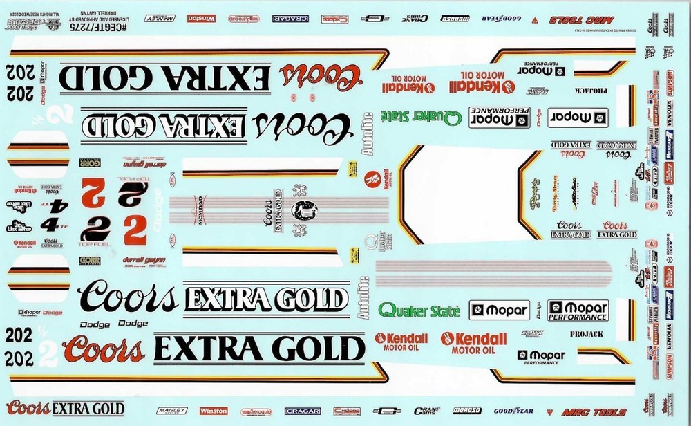 Slixx 7275 Coors Extra Gold Top Fuel Darrell Gwynn 1/24 1/25 decal