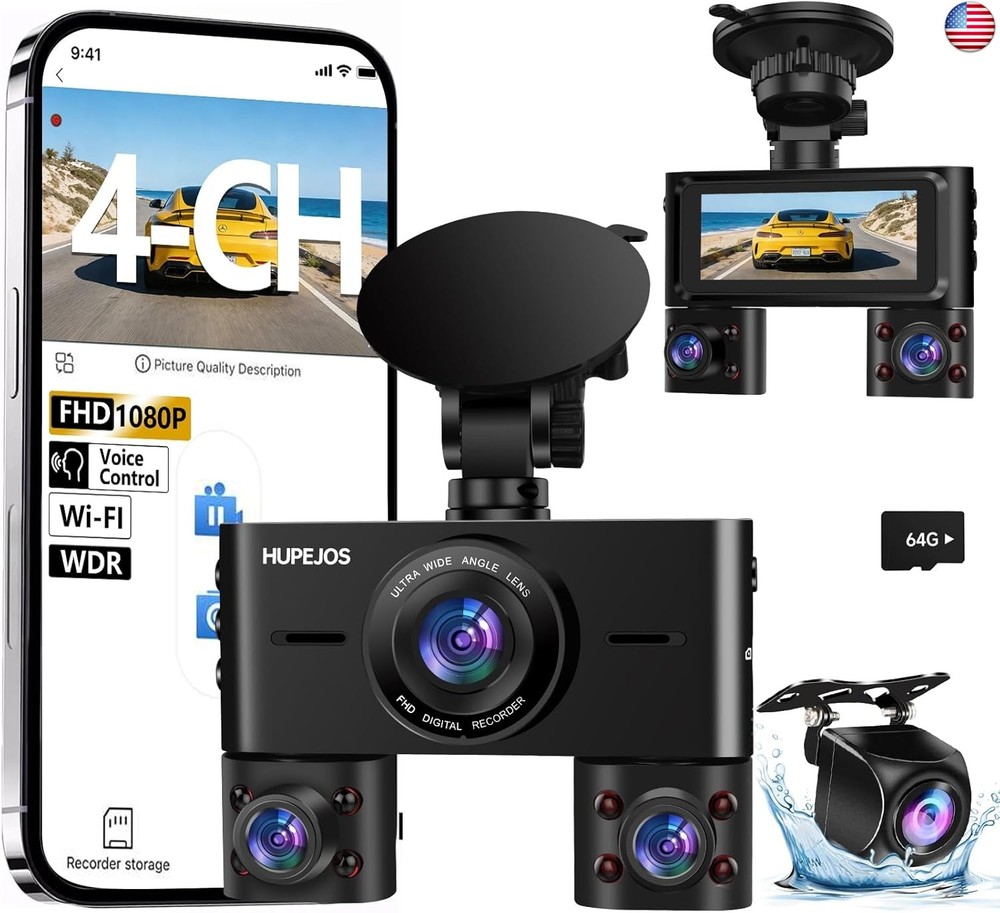 360° Dash Cam Front and Rear Inside, 4 Channel Dash Camera for Cars FHD