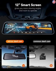 WOLFBOX G840S 12″ 4K Mirror Dash Cam Backup Camera, 5.8GHz WiFi Smart Rearview