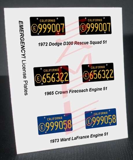 EMERGENCY TV SHOW CAR miniature LICENSE PLATES for 1/25 scale MODEL CARS—READ