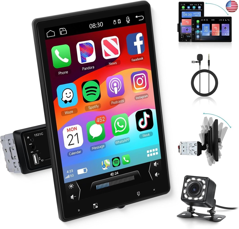 10.4″ Single Din Single Din Touchscreen Car Stereo Wireless Carplay&