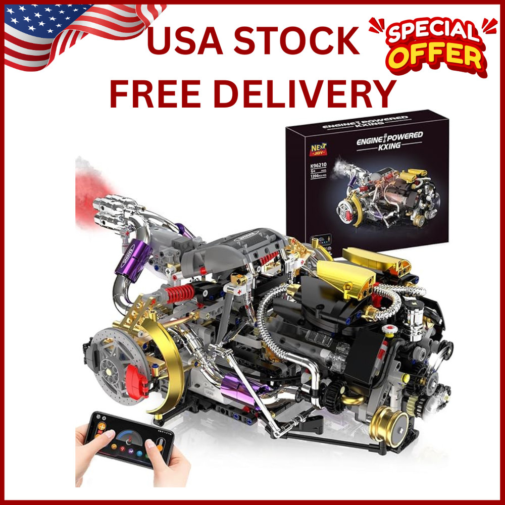 V8 Engine Model Kit That Works, 1394 PCS Advanced Collectible Engine Building Bl