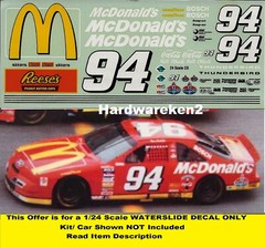NASCAR DECAL #94 McDONALD’s 1994 FORD THUNDERBIRD BILL ELLIOTT 1/24