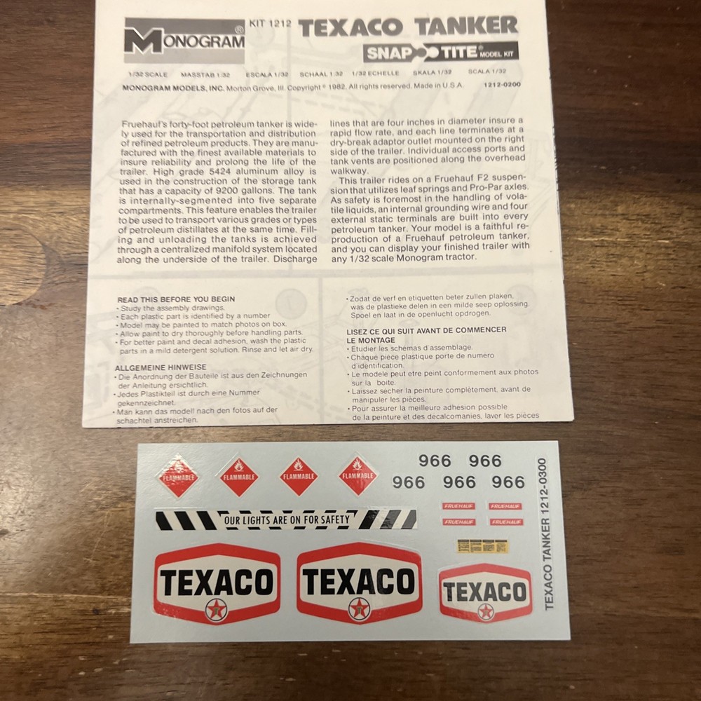 Vintage Monogram Snap Tite 1/32 Scale Texaco Tanker# 1212 Decal & Instr. Only