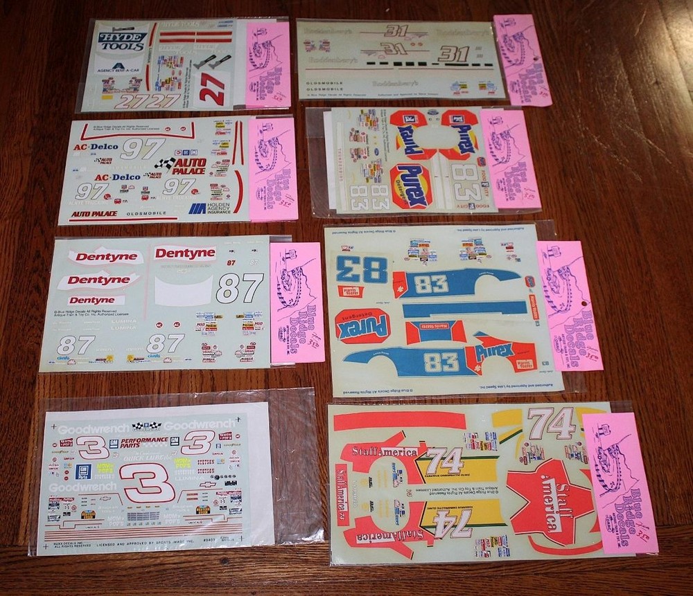 8ct Lot Blue Ridge Waterslide Decals ORRC 1/24 and 1/25 Scale NASCAR Racing NOS