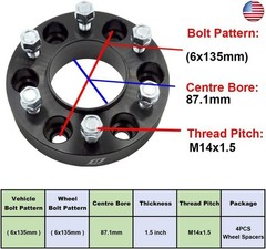 LU HWN 4X4 6×135 Wheel Spacers 1.5 inch Thick with 14×1.5 Studs, 87.1mm Hub