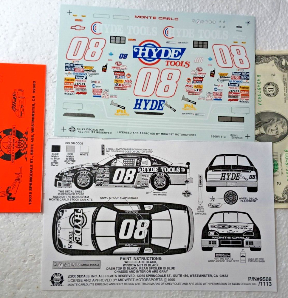 SLIXX 1/24 Water Slide Decals NASCAR Monte Carlo #08 #80 HYDE TOOLS big sale