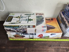 Box of vintage military vehicles models (Lot size 9) Planes Ships Car Tank