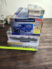 Box of vintage military vehicles models (Lot size 9) Planes Ships Car Tank