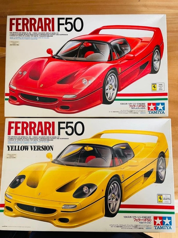Lot of 2 Tamiya Ferrari F50 1/24 Model Kits – Red & Yellow Color Set, Unbuilt