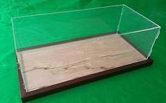 29″L x 12.5″W x 11″H display case with 3/16″ thick Acrylic brown wood frame base