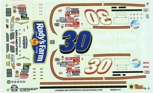Slixx 1417 #30 Rudy’s Farm 1999-Derrike Cope Nascar decal