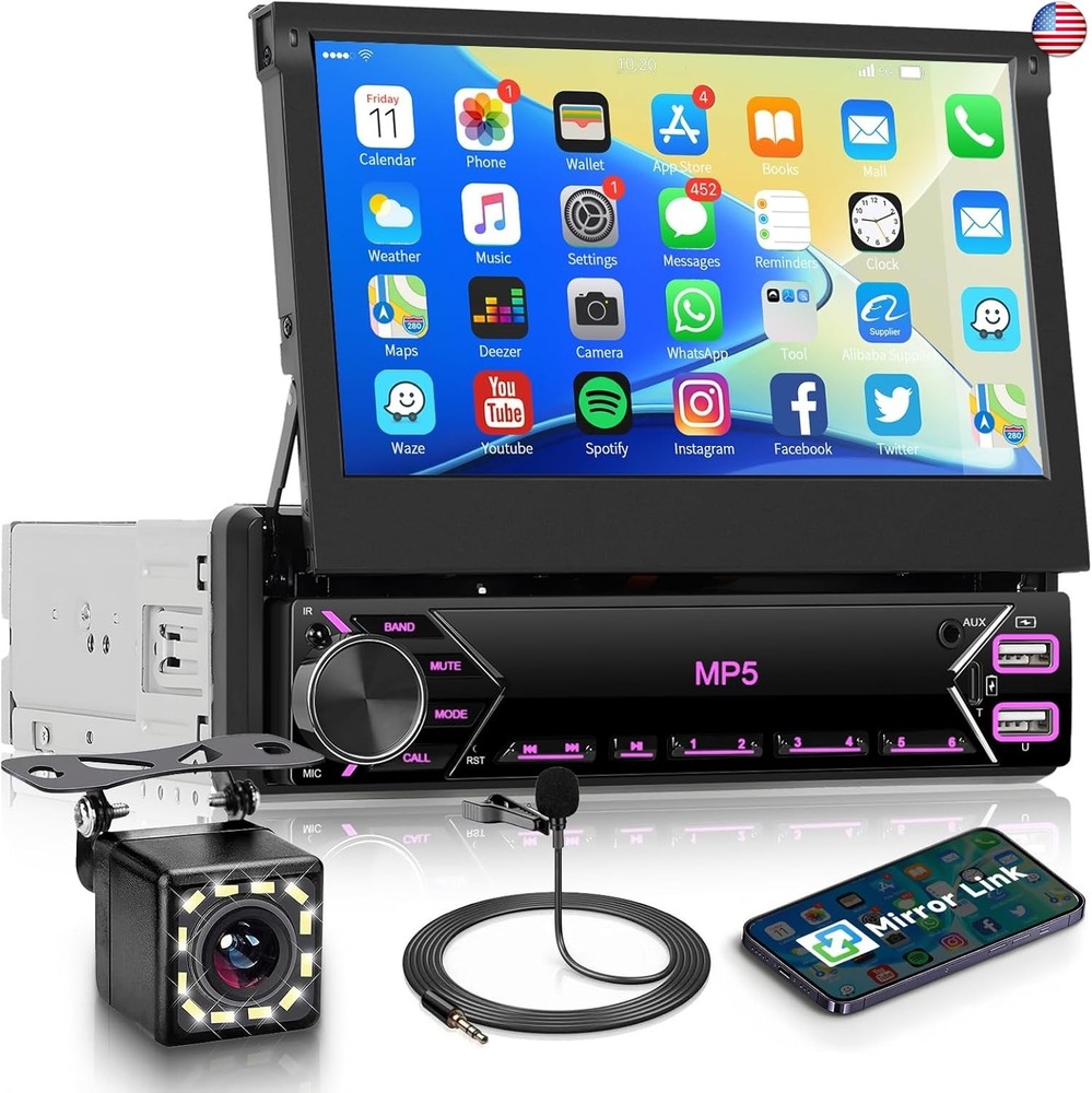 7 inch Single Din Flip Out IPS Touchscreen Car Stereo, 1 Din Car Stereo with