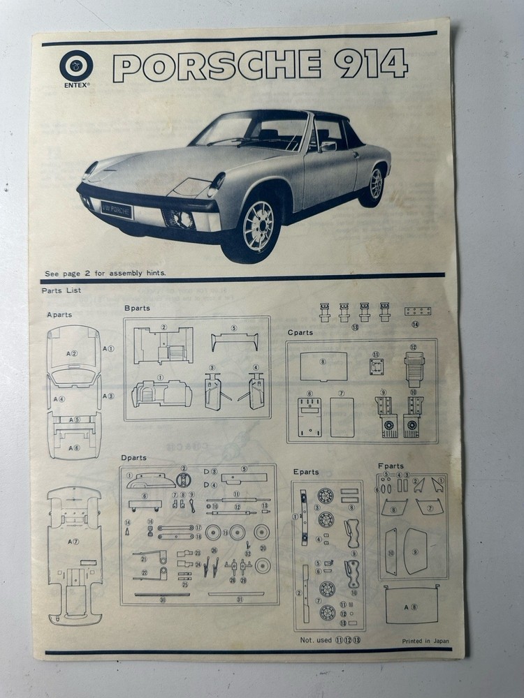 Vintage Entex Porsche 914 Model Kit Instructions Original Assembly Guide