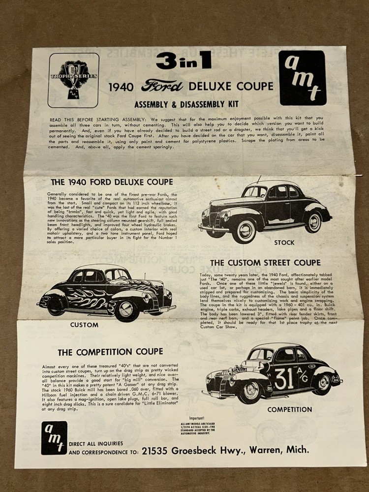 1960’s AMT 1940 Ford Deluxe Coupe 3-in-1 Trophy Series Model Kit Instructions