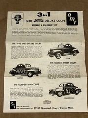 1960’s AMT 1940 Ford Deluxe Coupe 3-in-1 Trophy Series Model Kit Instructions