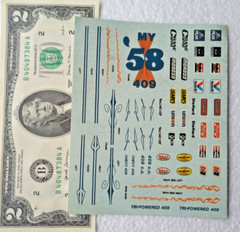 ERTL 1/24 Waterslide Decals MY ’58 409 CHEVY Pin Striping MOROSO HURST HOLLEY