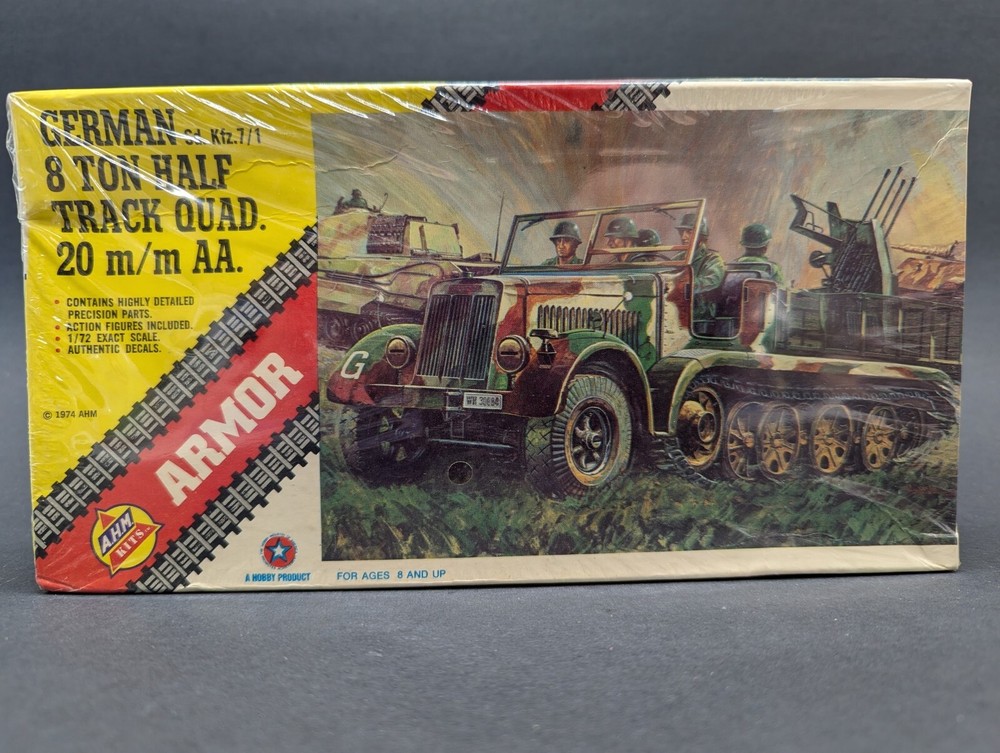German 8 Ton Half Track Quad. 20 m/m AA AHM 1:72 Model Kit 552 Sealed Box 1974