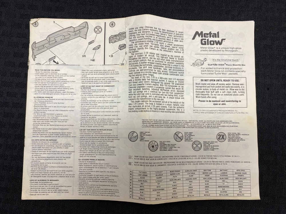 Monogram 1982 Z/28 Camaro 1/8 Scale #2607 Instructions Indy 500 Pace Car Manual