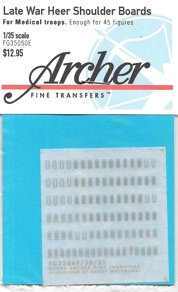 Archer Late War Medical Troops Shoulder Boards Transfers Decals FG35050E