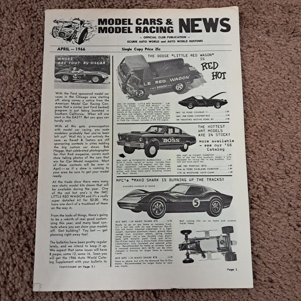 1966 Model Car & Model Racing News Also has Slot Cars Little Red Wagon Boss Mako