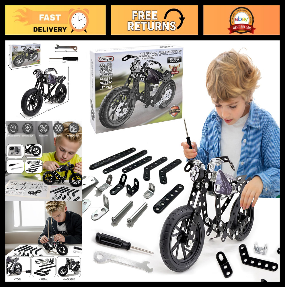 Metal Motorcycle Model Kit – 117 Pcs STEM Building Toys for Ages 8-16, DIY Assem
