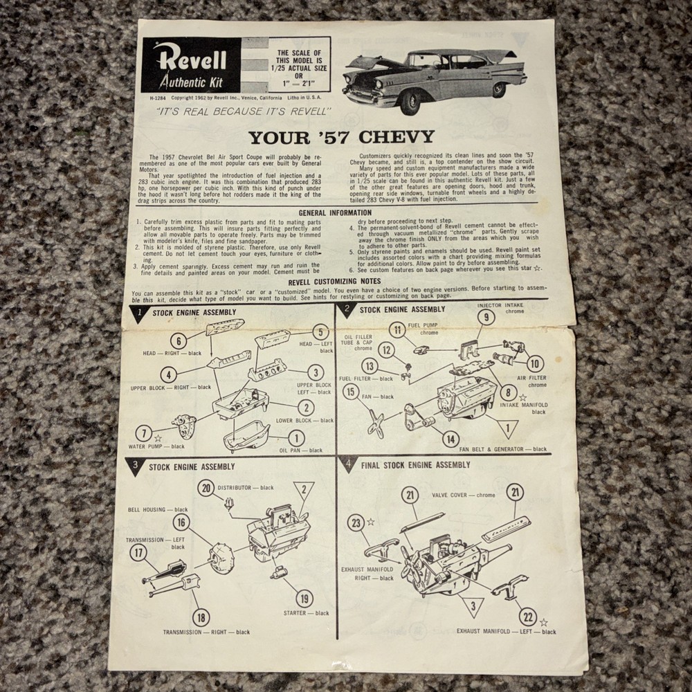 Vintage Revell H1284 Rare 1969 Issue 1957 Chevrolet 57 Chevy INSTRUCTIONS ONLY