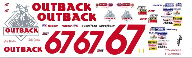 #67 Jeff Gordon Outback Steakhouse 1992 1/24th – 1/25th Scale Waterslide Decals