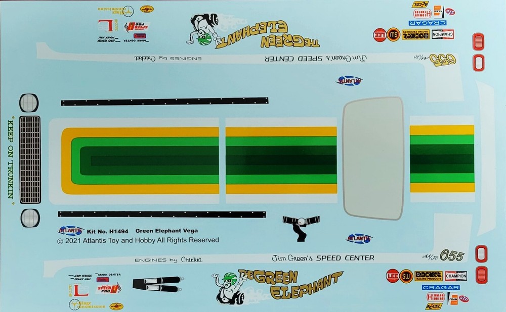 Green Elephant 1/16 scale Vega Funny Car Waterslide Decal Sheet Atlantis