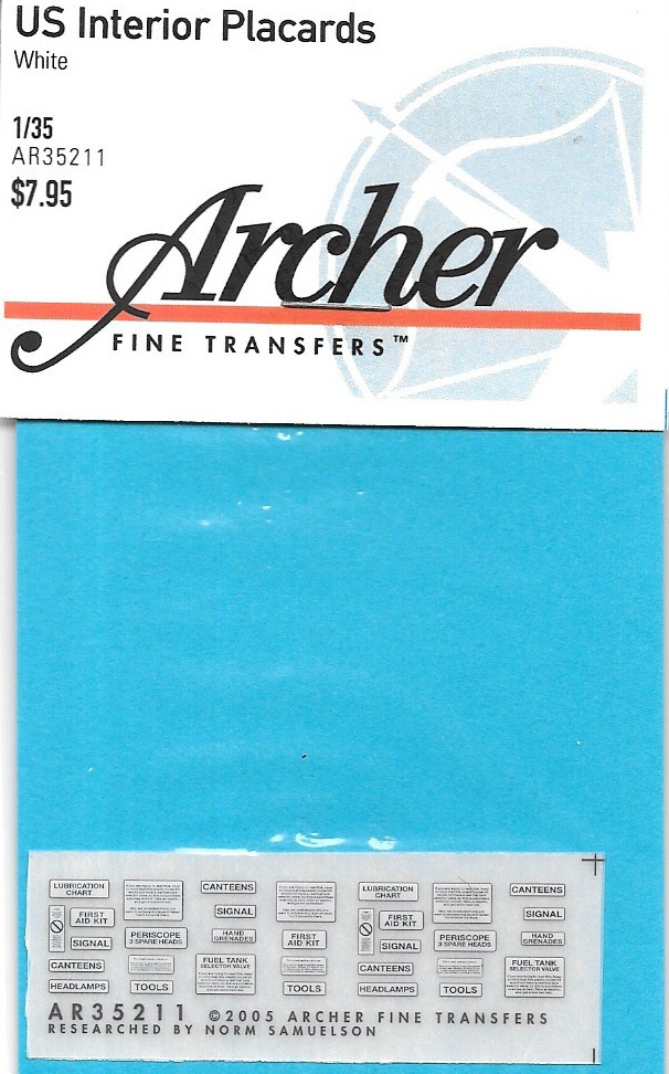 Archer U.S. Interior Plackards Transfers Decals AR35211
