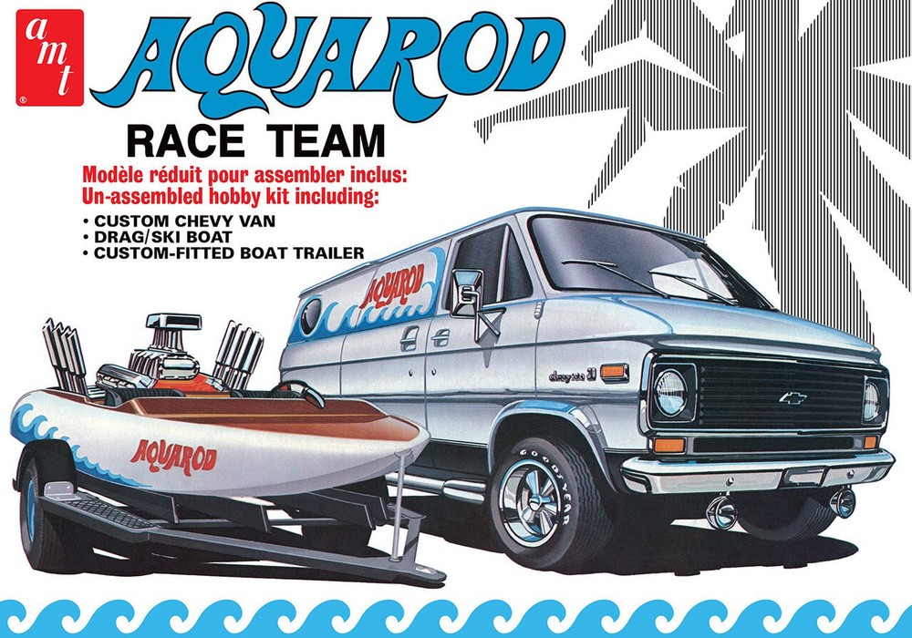 AMT 1338 1/25 Scale 1975 Aqua Rod Chevy Van, Race Boat Trailer Plastic Model Kit