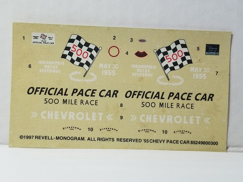 1955 Chevrolet Convertible PACE CAR DECAL SHEET for Revell 1:25 Model Kit DECALS