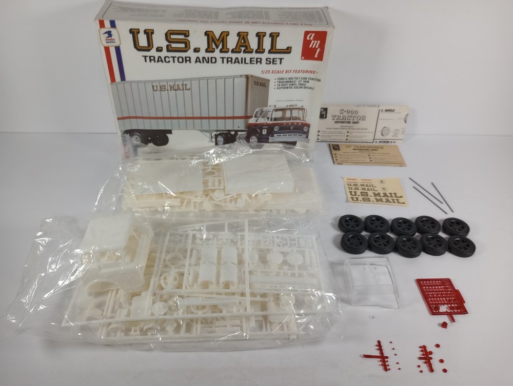 U.S. Mail Tractor and Trailer Set AMT 1:25 Model Kit # T549 ~ Sealed Parts Bags