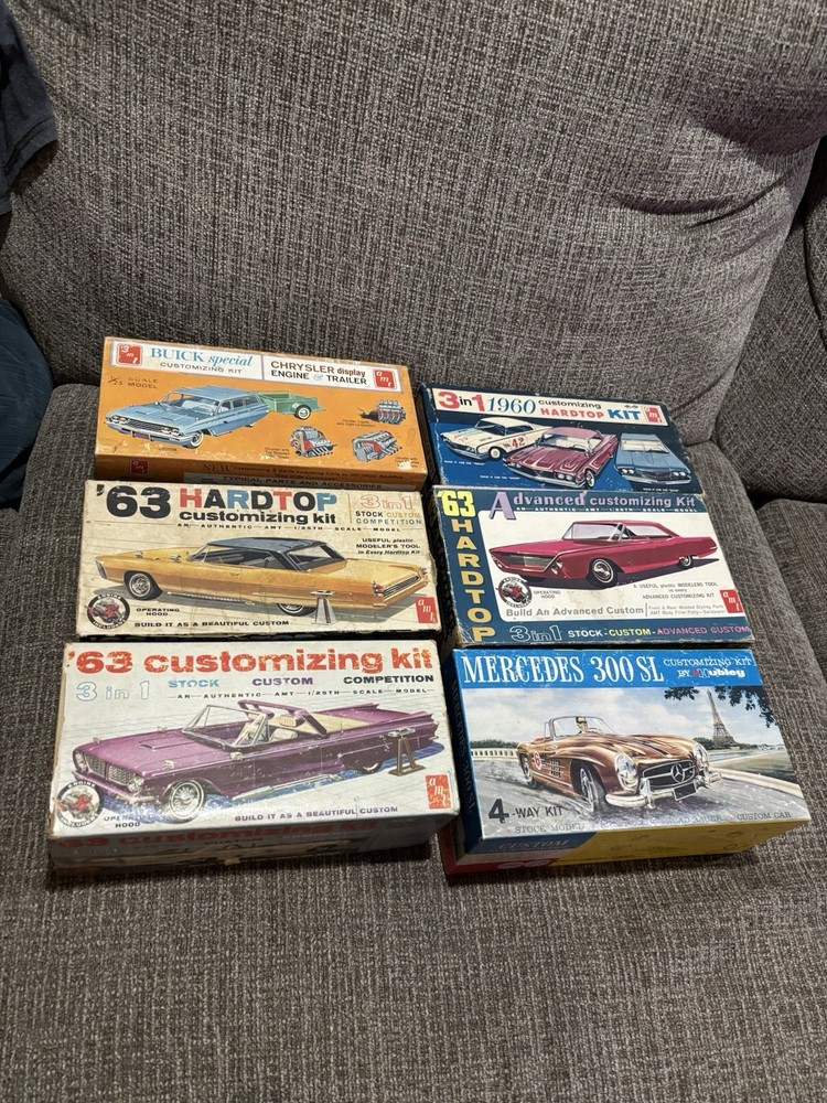 6 1960 63 AMT Hubley Chevy Mercury Lincoln Buick Mercedes Car Model Kit Box Only